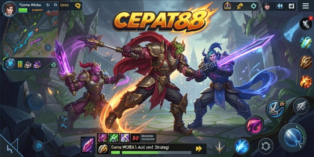 Tampilan gameplay seru dan strategi dalam CEPAT88 MOBA.