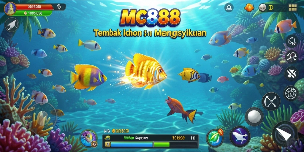 Screenshot gameplay MC888 dengan iklan variasi ikan menarik.