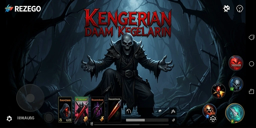 Screenshot utama REZEGO menampilkan gameplay menyeramkan dengan suasana yang gelap.