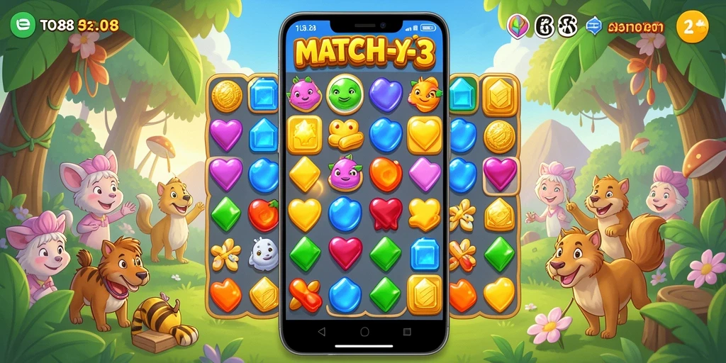 Tangkapan layar TO288 menampilkan gameplay Match-3 yang menawan dan penuh warna.